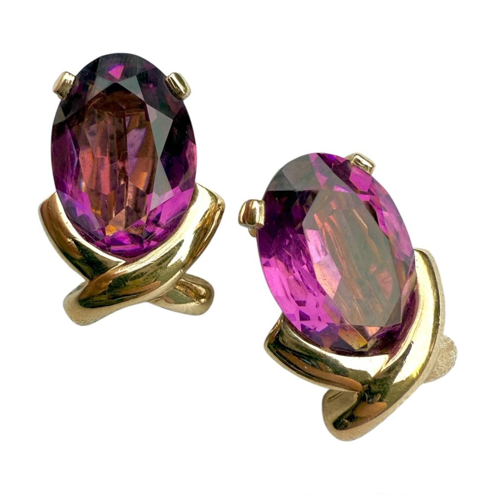 Vintage Signed Panetta Gold Plated Amethyst Purple Rhinestone Clip On Earrings